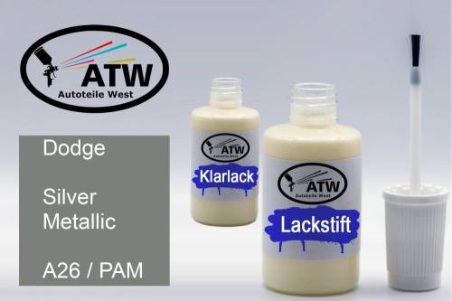 Dodge, Silver Metallic, A26 / PAM: 20ml Lackstift + 20ml Klarlack - Set, von ATW Autoteile West.
